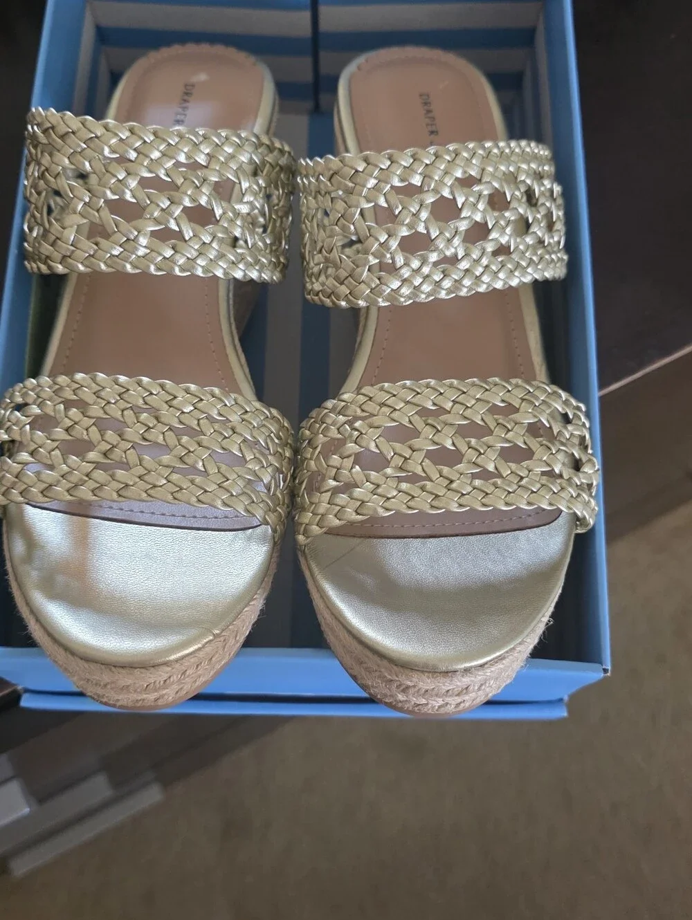 Woven Metallic Gold Wedge Slide Sandals for Women